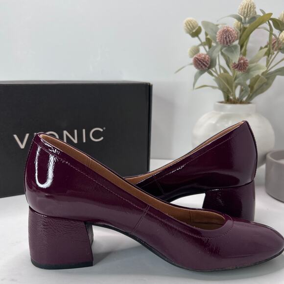 Vionic Carmel Crinkle Patent Leather Slip On Chunky Heel Crimson Women's 8 M NWB - Picture 8 of 12